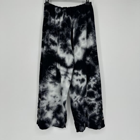 Cottonways Pants - Cottonways Pants Womens SMALL Black White Tie Dye Wide Leg Button Hem Cropped